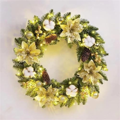 YEQING Weihnachtskranz mit Lichterkette, Vintage-Bauernhofkranz mit Tannenzapfen, Herbstliche Weihnachtsdekoration für Thanksgiving(Gold,60cm/23.6in)