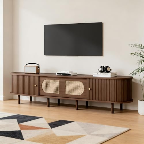 Yihomfy Meuble TV Ovale 180 * 40 * 40 cm, Table Television Salon, Table Télé Bois, Noyer Foncé, Design Rotin, Deux Portes Battantes, Adapté aux Téléviseurs Jusqu'à 80 Pouces