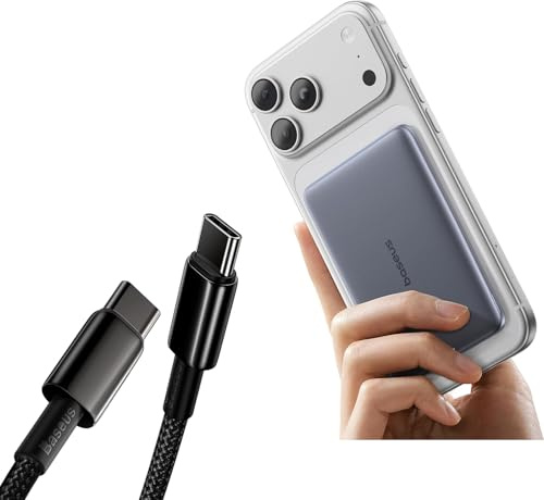 Baseus Picogo AM41 Power Bank, Ultra Slim 5000mAh Magsafe Powerbank and USB C Kabel 100W [1M] PD QC 4.0 Schnellladung, Zinklegierung Typ C Ladekabel für iPhone 17 16 15 14 13 12