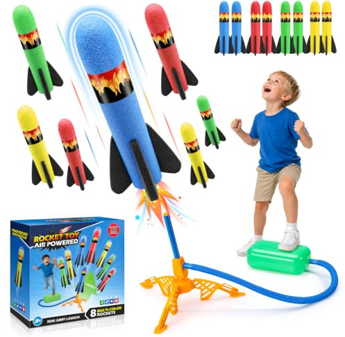 HappyGoLucky Lanceur de Fusée à Pied 8 Fusées en Mousse pour Enfants 3-12 Ans – Angle Réglable, Jouet d'Extérieur pour Jardin, Plage, Parc, Fille Garçon