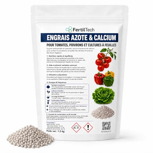FertilTech Engrais Azote & Calcium 1.5 kg – Engrais Hydrosoluble en Granulés pour Tomates, Poivrons, Salades et Cultures à Feuilles, Arrosage Fertilisant, Fertigation, Apport Calcium