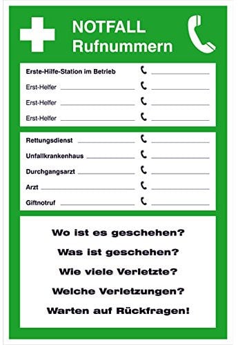 Betriebsausstattung24 Aushang Notfall Rufnummern - PVC-Folie, selbstklebend - 30,0 x 20,0 cm - Mit Freifeldern zu Selbstbeschriftung
