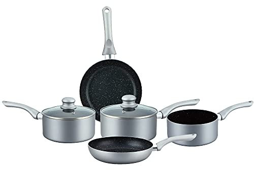 Herzberg HG1020-SL - Batterie de Cuisine revêtement Pierre Silver 7 Pieces - Matériaux en Aluminium Anti-adhésif-Chaleur Uniforme-Conduction Thermique Rapide
