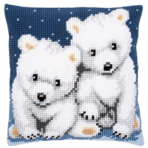 Vervaco Kreuzstich Stickpackungen Kissen Stickerei Set Anfänger Vorgedruckt Eisbaeren DIY Set Kreativ Set Für Erwachsene Dekoratives Kissen ca. 40 x 40 cm Bastelset Handwerker Haus Dekoration