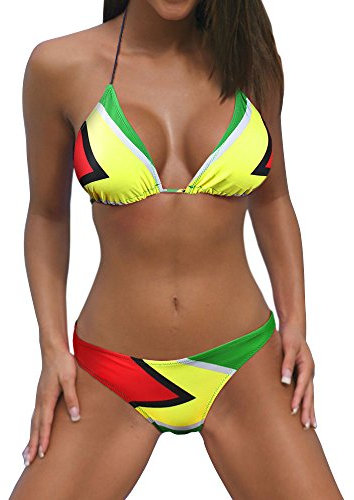 Women's Caribbean Flag Rasta Bikini Swimsuit Swimwear Bathing Suit (2X-Large/18W-20W, Guyana)