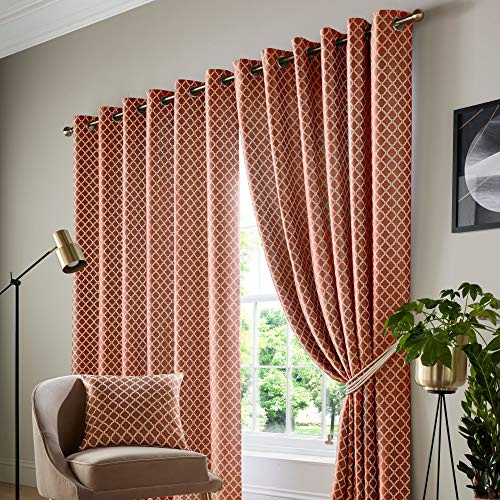Alan Symonds Cotswold Fully Lined Jacquard Eyelet Ring Top Curtains - Pair (Orange/Terracotta, 46 x 54 (117x137cm))