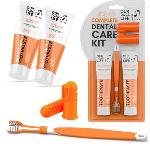 Dog Toothbrush with Toothpaste | Approved Dog Dental Kit | One Triple Headed Deep Cleaning Toothbrush for Dogs + Two 100% Natural Toothpaste + Two Finger Brushes | Freshen Breathe & Remove Plaque