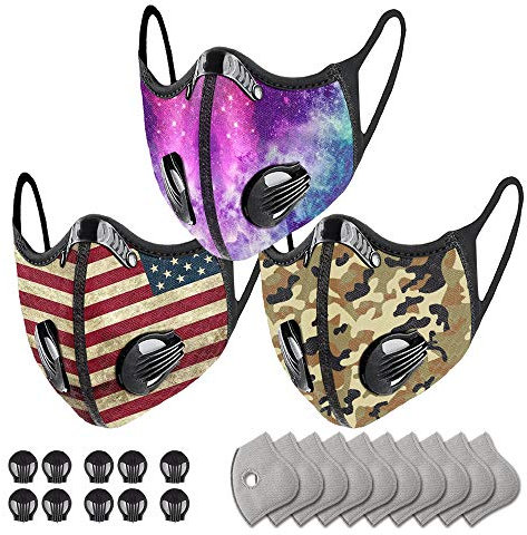 Wiederverwendbare modische Gesichtsbandanas mit Atemventil und Filtern (3 Stück + 10 Ventile + 10 Filter