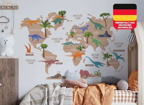 Osomhome Dino Wandtattoo Weltkarte Dinosaurier (80x120cm) | World Map Wall Decoration Wandsticker | Dino Deco Kinderzimmer Junge & Mädchen | Wandaufkleber Wandbild Kinderbilder os5036