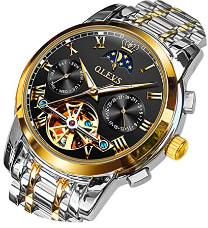 OLEVS Automatische mechanische Herrenuhr Mondphase Edelstahl Kleid Mode Business Leuchtend Wasserdicht Datum Woche Männlich Armbanduhr, Luxuriöse HerrenArmbanduhr: Schwarz, Mechanisch,