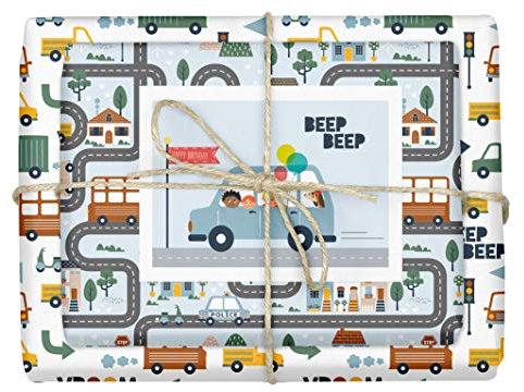 dabelino® Geschenkpapier Auto/Kinder/Fahrzeuge für Jungen und Mädchen: 4x Bögen + 1x Karte (Automotiv, Autos, Geburtstag, Recyclingpapier, blau)