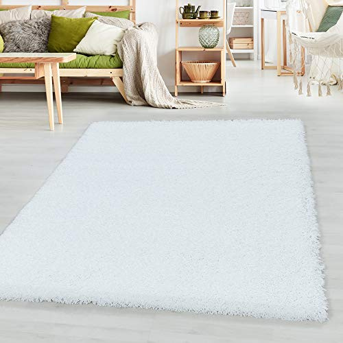 SIMPEX Shaggy Hochflor Teppich, 240x340 cm, Weiß, weich, flauschig, modern, einfarbig, Für großzügige Wohnräume, für Wohnzimmer Schlafzimmer Flur