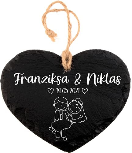 Pokal Center Westerheider Hochzeitsgeschenk Herz aus Schiefer mit personalisierter Gravur und Kordel, Schieferherz mit Namen und Datum Brautpaar, 12 x 15 cm, Geschenk für Hochzeit Jahrestag Verlobung