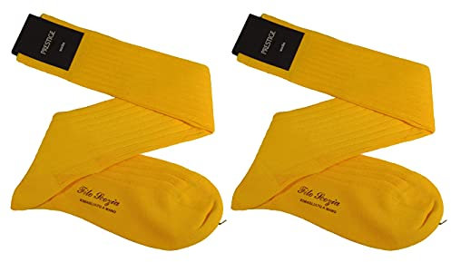 (2 PAIA) Calze uomo lunghe a coste in pregiatissimo cotone 100% filo scozia MODA (OCRA-GIALLO, 39-41, numeric_39)