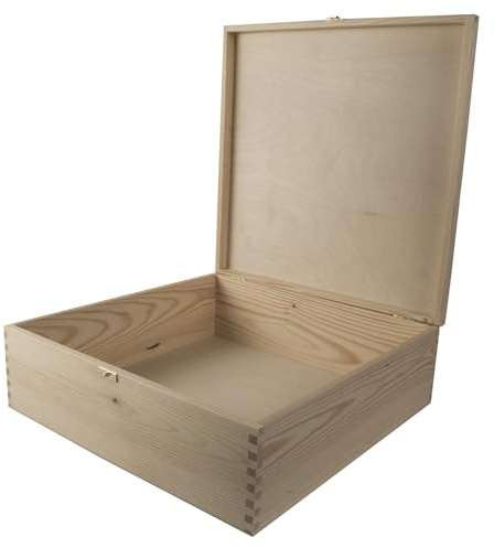 WooDeeDoo Extra Large Square Wooden Keepsake Chest with Hinged Lid and Clasp - 40 x 40 x 13.5 cm – Unfinished Pine Craft Gift Memory Box DIY Personalisation Storage