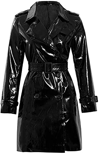 HiFacon Frauen PVC Mantel Mode Outdoor Nass Look Kleidung Trenchcoat Regenmantel Schwarz PU Leder, Schwarz - Pvc Coat, 4XL