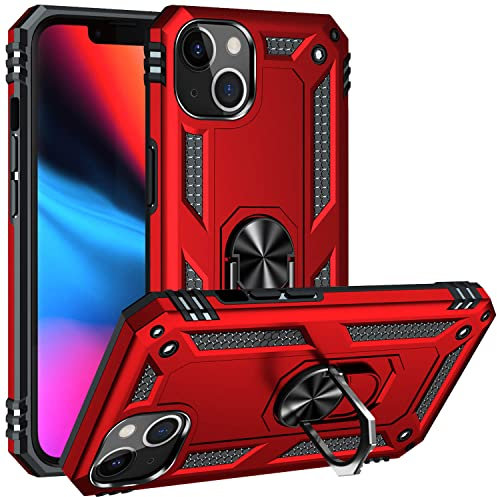 Fetrim Custodia per iPhone 13, Cover PC TPU Cassa Shell Supporto di Anello Rotante Case per Apple iPhone 13 Rosso