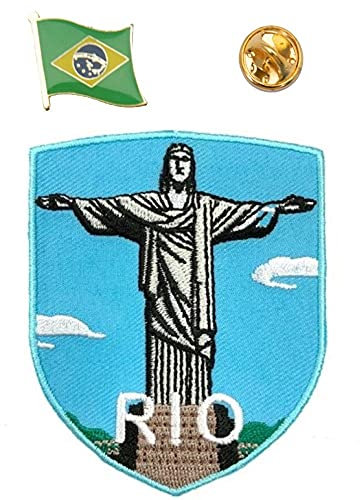 A-ONE 2 Stück Patch mit Flagge Brasiliens, Rio de Janeiro, Cristo Redentor, Rio-Jesus-Statue, bestickt, mit 7 Wundern, Metall-Abzeichen Nr. 208P