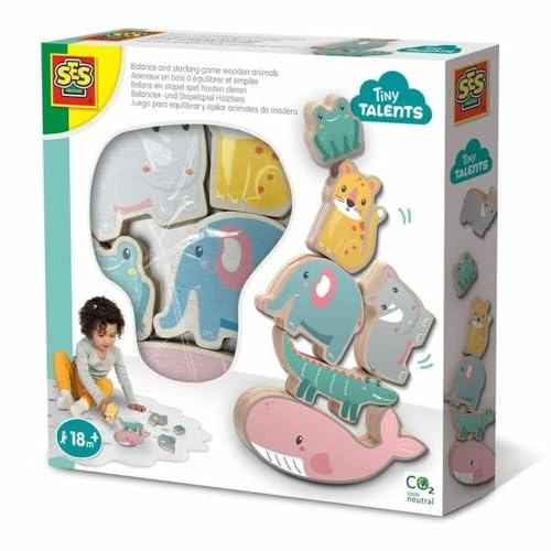 SES Creative 13121 - Balancier- und Stapelspiel Holztiere, Motorikspielzeug für Kleinkinder ab 18 Monate