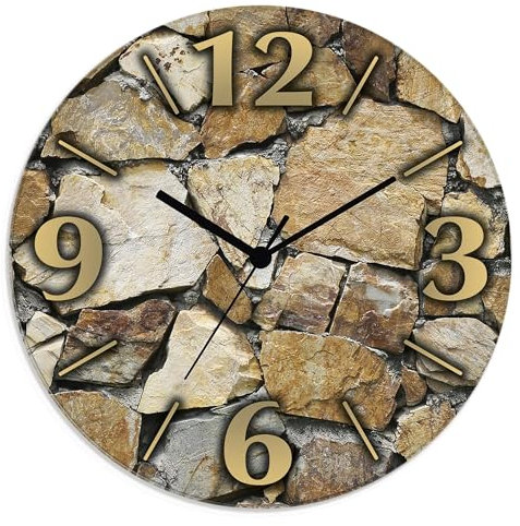 ARTLAND Wanddeko Wanduhr ohne Tickgeräusche aus Glas Funkuhr Ø 30 cm Rund Lautlos Ø 30 cm Braune Steinwand T9FK