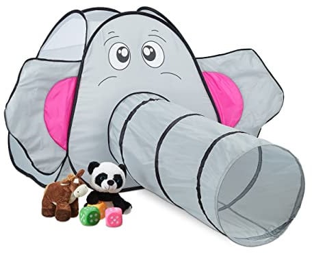 Relaxdays Pop Up Spielzelt Elefant, mit Spieltunnel, Kinderzelt drinnen & draußen, Krabbelzelt, HBT: 92x155x200 cm, grau