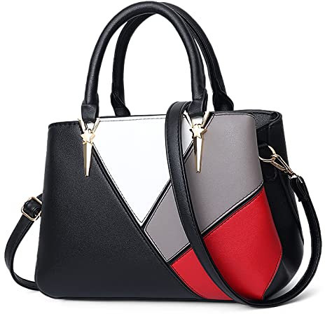 FORRICA Handtasche Damen 4 Farbige Nähte Mode Umhängetasche Groß Frauen Henkeltaschen PU Leder Elegant Schultertaschen Schwarz