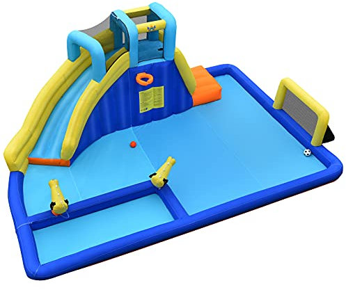 DREAMADE Castello Gonfiabile con Piscina con 2 Cannoni ad Acqua, Scivolo, Parete da Arrampicata, Porta da Calcio, Canestro, Pallacanestro e Calcio, 526x373x205 cm (senza Ventilatore)