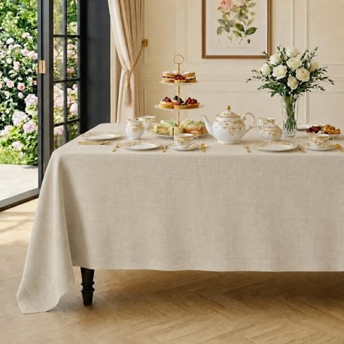D'Moksha Homes Tischdecke aus Naturleinen, 152,4 x 361,8 cm, 100 % reines Leinen, Tischdecke für rechteckige Tische, maschinenwaschbar, Tischdecke für Muttertag, Frühling