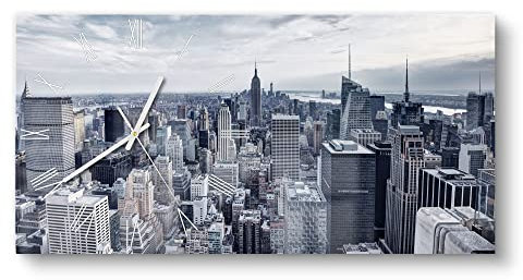 DEQORI Glasuhr | vertikal 60x30 cm | Motiv Blaue Skyline New York | große XXL Design Uhr aus Glas | leise Wanduhr für Wohnzimmer & Küche | Moderne Hingucker Uhr für die Wand