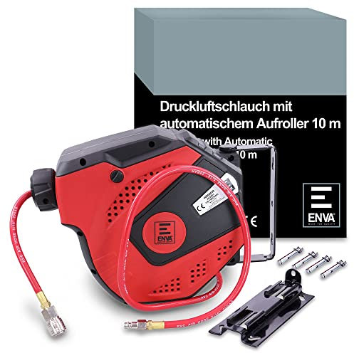 ENVA Druckluftschlauch mit automatischem Aufroller 10m Schlauch mit 1/4 Anschluss Schlauchaufroller Druckluftschlauchtrommel schwenkbar inkl. Montagehalterung