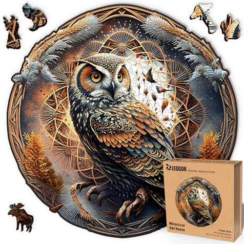 LEOGOR Whimsical Owl Haven – Holzpuzzle Erwachsene Eule, 350 Teile – 38,1 × 37,6 cm – 5 mm Dickes Holz, handgeformte Teile, rundes Mosaikdesign – Magisches Holz Puzzle für Puzzle-Liebhaber