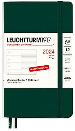 LEUCHTTURM1917 367789 Wochenkalender & Notizbuch Pocket (A6) 2024, Softcover, Forest Green, Deutsch, 12 Monate