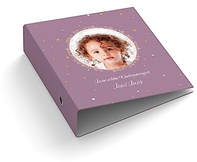 Ringordner | Ordner | personalisiert mit Foto + Text | Sterne | Blätterkranz | Mit Griffloch | für DIN A4 | 7,4 cm breit | Kindergartenzeit | Baby