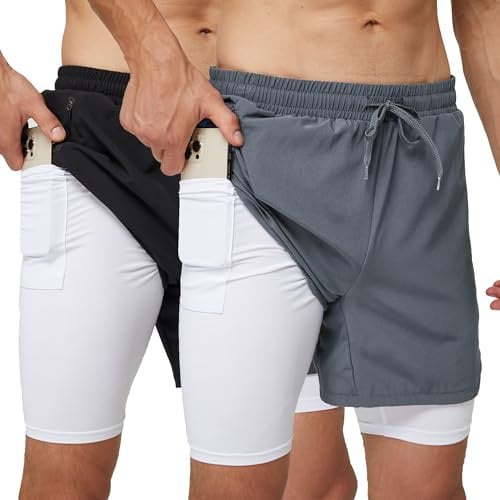 frueo 2er Pack Sporthose Herren Kurz Atmungsaktiv Laufshorts Herren 2 in 1 Schnelltrocknende Running Shorts Komfortabel mit Taschen Gym Shorts(0609)-Black Grey-M