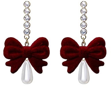 Federn Ohrringe Silber Rote Vintage Flocked Bowknot Fransen Ohrringe Weihnachten Weinrot Haarkugel Perlenohrringe Tropfenohrringe Fransen Strass Ohrringe Herren Magnetische Ohrringe