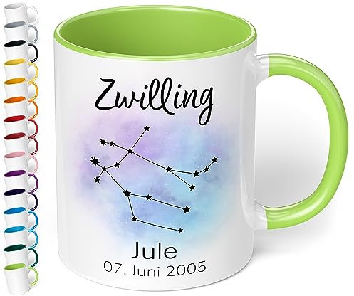 Sternzeichen Tasse mit Namen, Datum und 12 Sternenbilder personalisiert – 330ml Keramik Kaffeebecher mit Spruch, kleine Geschenke für Kollegen Frauen Männer Geburtstag (Hellgrün)