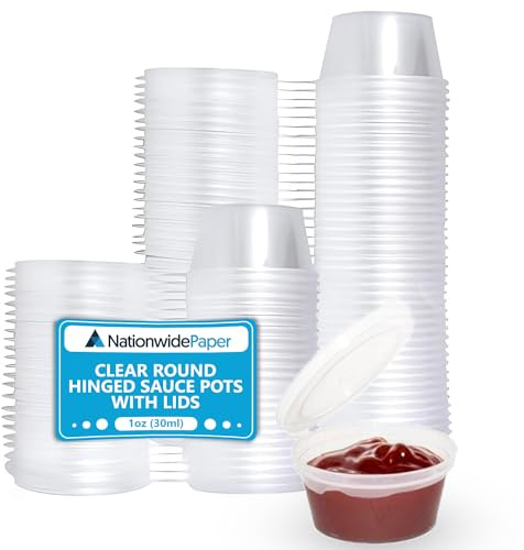 Nationwide Paper 1oz 50Pcs Clear Round Hinged Pots with Lids, Deli Pots, Perfect for Takeaways, Restaurants, Chutney, Ketchup Container & Hinged Sauce Pots