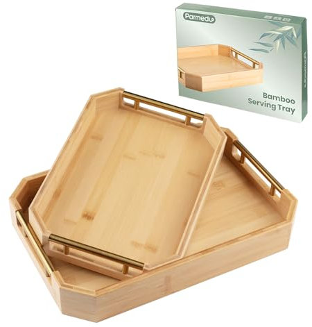 PARMEDU Serviertablett aus Bambus 2er-Set: Serviertabletts aus Natürlichem, Verdicktem Holz mit Ergonomischen & Ästhetischen Metallgriffen – zum Servieren von Speisen, Frühstück, Tee, Kaffee usw.