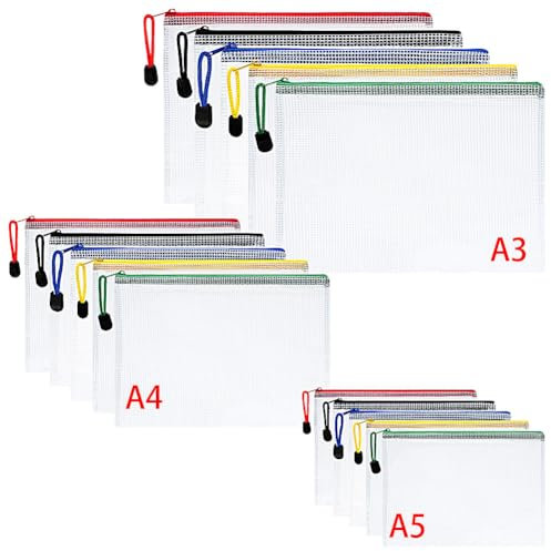 Vicloon Dokumententasche A3+A4+A5, 15 pcs Mesh Plastic Zip Bag, Wasserdichte Document Case, Reißverschlusstasche Zip Beutel Tasche Wallet Taschen Kunststoff Mesh Dokumentenmappen