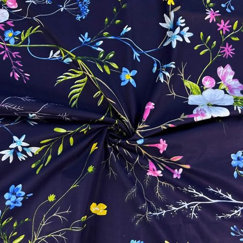 Textrend Stoffe als Meterware Baumwolle - Nähen - Stoff 100% Baumwolle - Muster Blumen und Pflanzen - Textilien 1x2,2 m (Bunte Blumen mit Zweigen auf dunkelblauem Hintergrund)