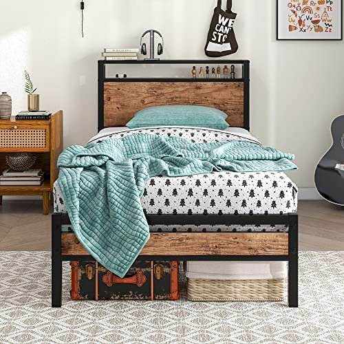 BORPHOM 3ft Single Bed Frames Solid Metal Bed Frames with Wood Storage Headboard,Strong Iron Platform Bed Frame Single No Box Spring Needed,Mattress Foundation/Under-bed Storage/Noise Free/Brown