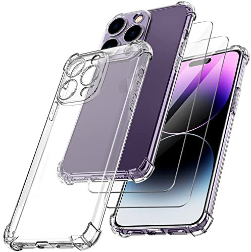 Fiyoarbb 3 in 1 Camera Cover Compatible with iPhone 14 Pro Case and 2 Pack Tempered Glass Screen Protector, Slim Soft TPU Shockproof Anti-Scratch iPhone 14 Pro Phone Case Cover Silicone - Clear