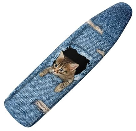 NETILGEN Modern Iron Board Covers with Elastic Edges and Bottom Hook and Loop Protective Covers Resists Scorching Fits Boards up to 132 x 45cm, Denim Cat