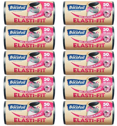 Bacofoil Elasti-Fit Bin Liners with Drawstring Handles 50L - Leak-Proof Bin Bag with Elastic Fastening for a Secure Fit (10 Rolls, 100 Bags)…