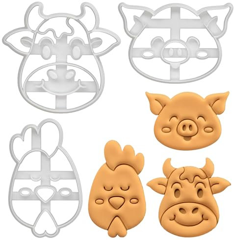 BAKERLOGY Set de 3 emporte-pièce animaux de la ferme (Motif: Cochon Heureux, Poulet Zen, Vache Joyeuse)