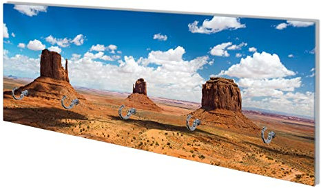 Wallario Wandgarderobe aus Glas in Größe 80 x 30 cm mit Memoboard-Funktion, Motiv: Monument Valley | 5 Kleiderhaken zum Aufhängen von Jacken