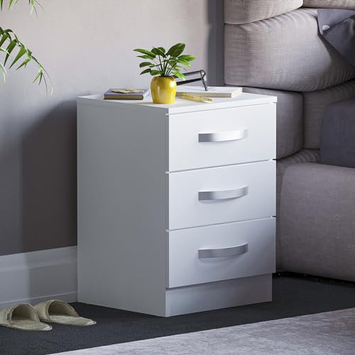 Vida Designs High Gloss Bedside Tables, Nightstand Side Table (White, 3 Drawer)