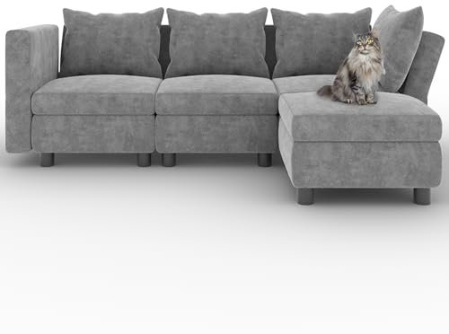 Flamaker Sofa with Storage, Corner Sofa with Upholstered Furniture, Modular Sofa with Angle-Adjustable Armrests and Backrests (4 Seats, Light Grey)