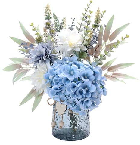 Fake Flowers with Vase, Hydrangea Artificial Flowers in Vase Faux Dahlia Flowers Arrangement Suitable for Home Kitchen Living Room Fall Spring Decor Office Decoration, Centerpiece Table Decorations