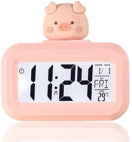 Jwthee Orologio elettronico carino cartone animato, sveglia digitale multifunzionale con display a LED per temperatura interna, orologio da tavolo, calendario, per camera da letto (Pink Piggy)